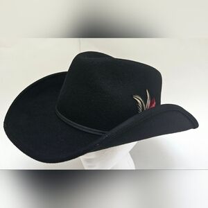 New BIGHEADCAPS Size 3XL Black Wool Felt Western Cowboy Hat With Feather Accent